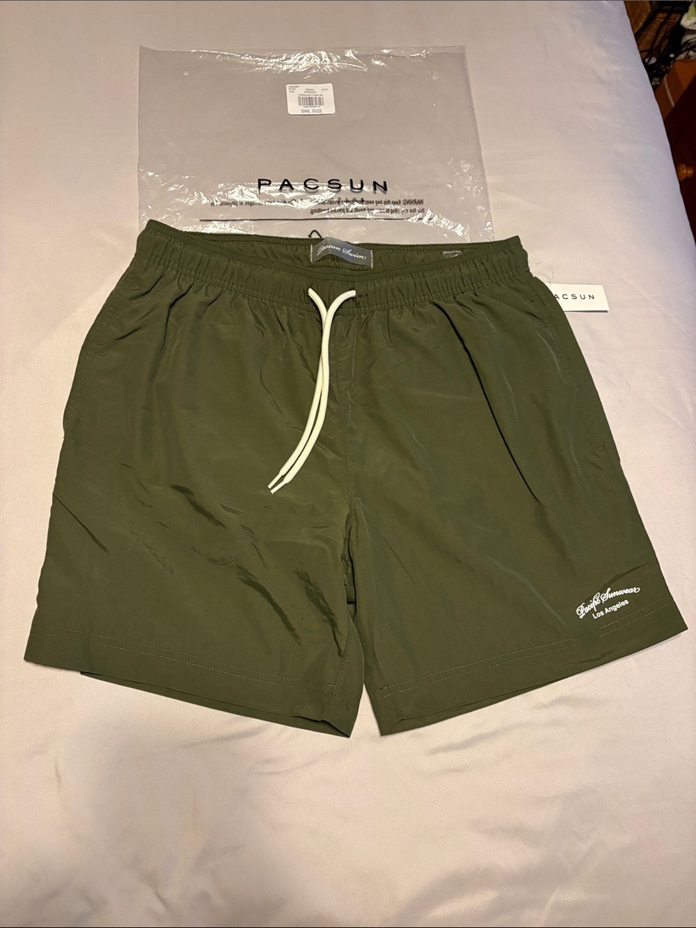 PacSun Olive Green Men's Swim Trunks with White Drawstring and side pockets